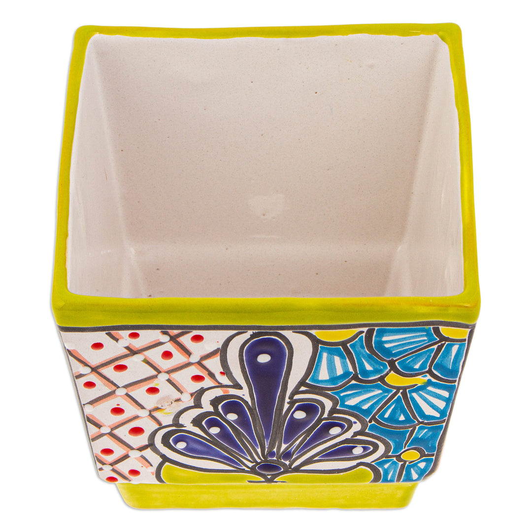 Talavera Chartreuse Ceramic Flower Pot Handcrafted in Mexico - Hacienda Scenes in Chartreuse