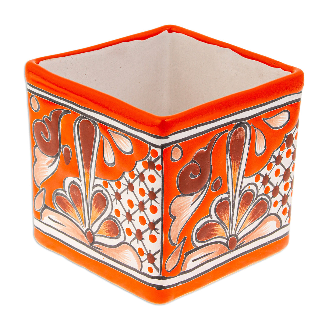 Talavera Vermilion Ceramic Flower Pot Handcrafted in Mexico - Hacienda Scenes in Vermilion
