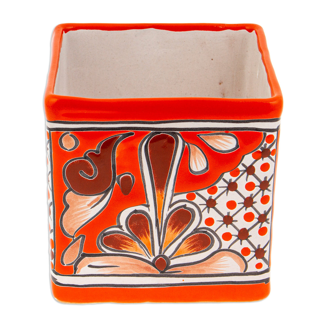 Talavera Vermilion Ceramic Flower Pot Handcrafted in Mexico - Hacienda Scenes in Vermilion
