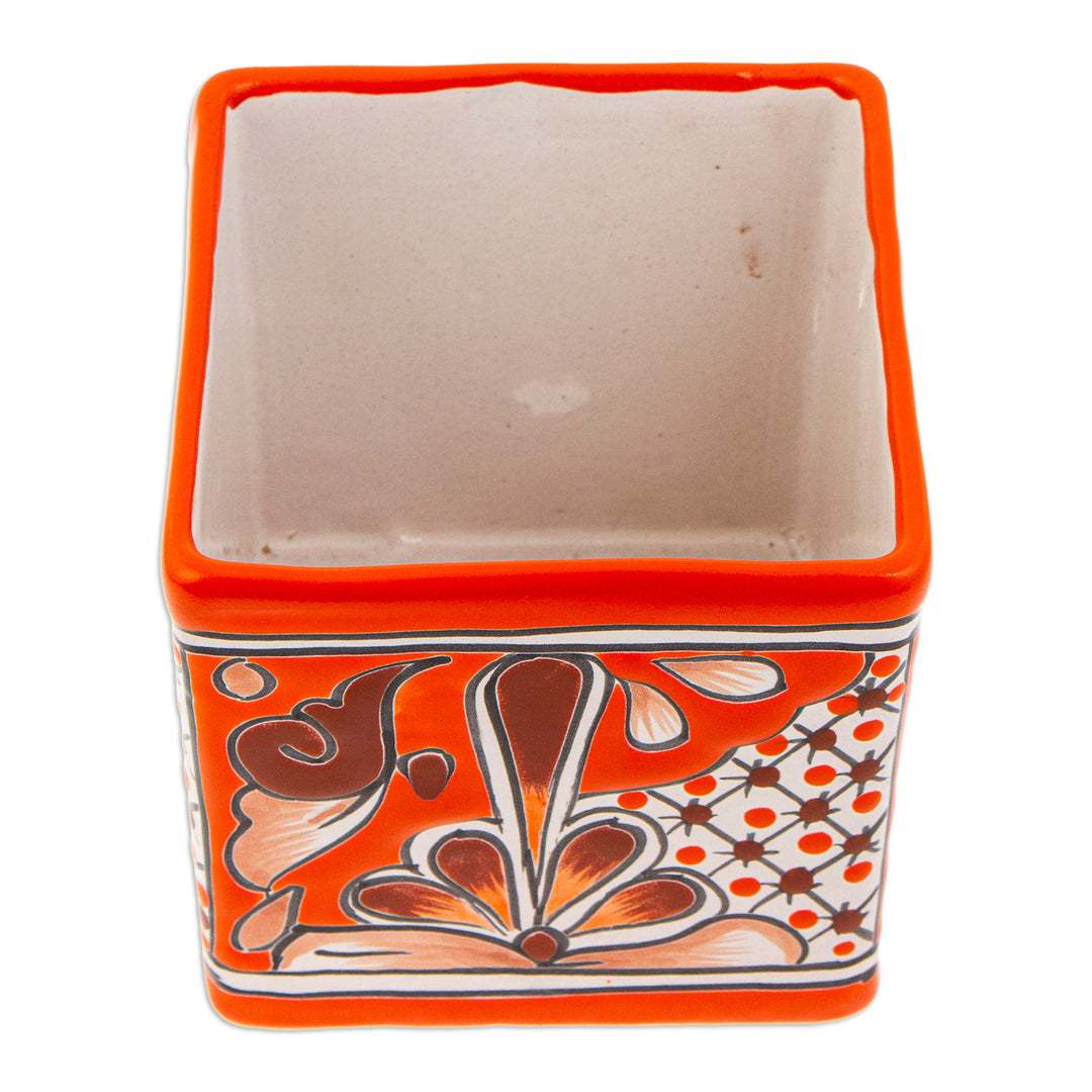 Talavera Vermilion Ceramic Flower Pot Handcrafted in Mexico - Hacienda Scenes in Vermilion