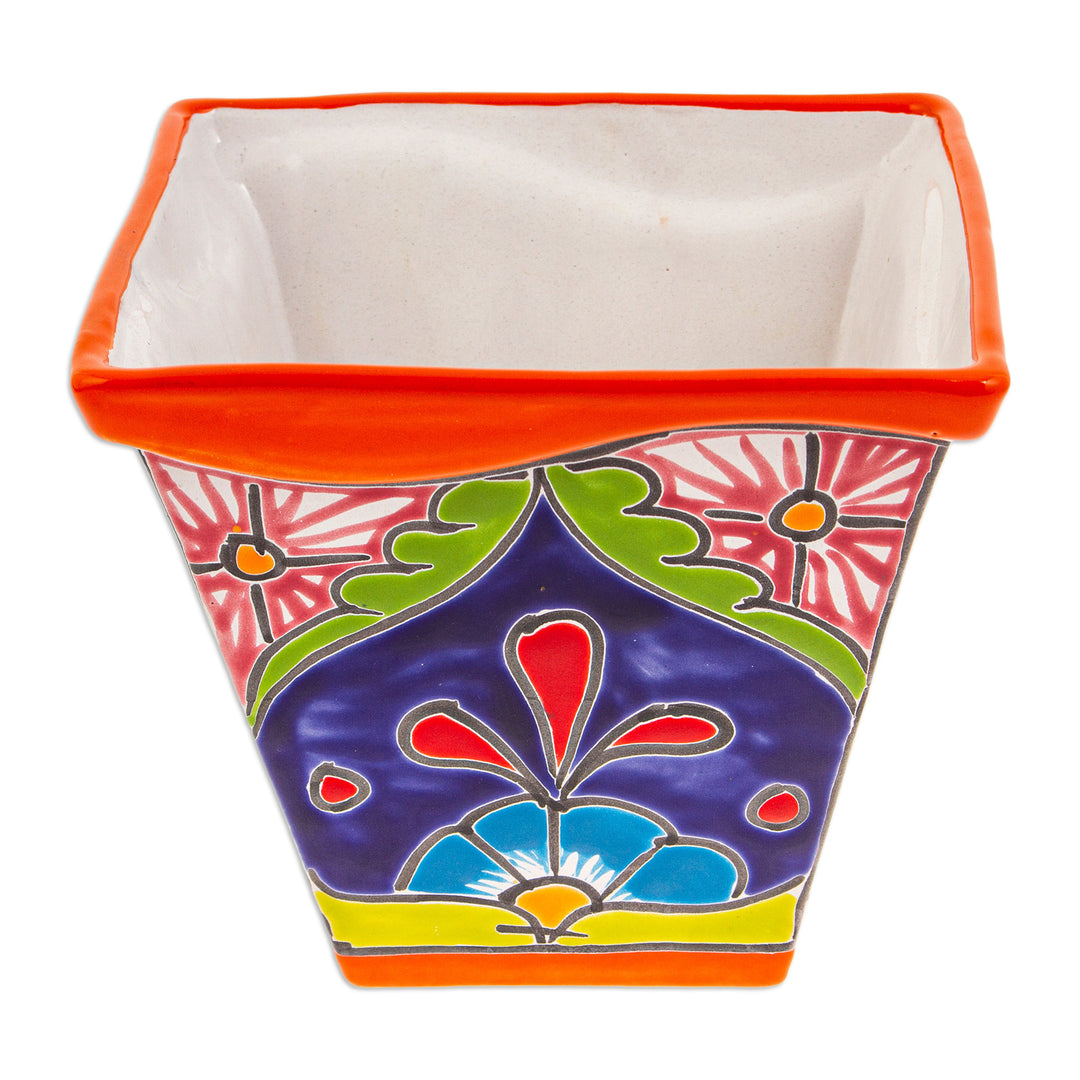 Talavera-Style Ceramic Flower Pot in Orange Made in Mexico - Thriving Orange