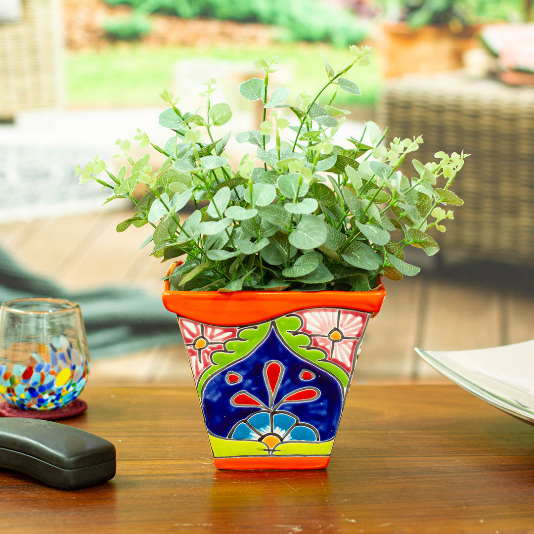 Talavera-Style Ceramic Flower Pot in Orange Made in Mexico - Thriving Orange