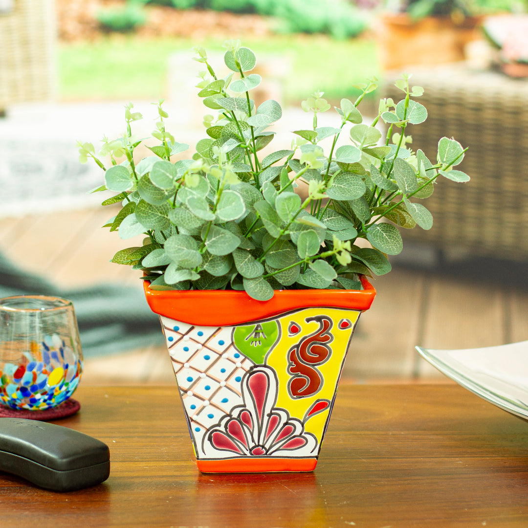 Talavera-Style Ceramic Flower Pot in Orange Made in Mexico - Thriving Orange