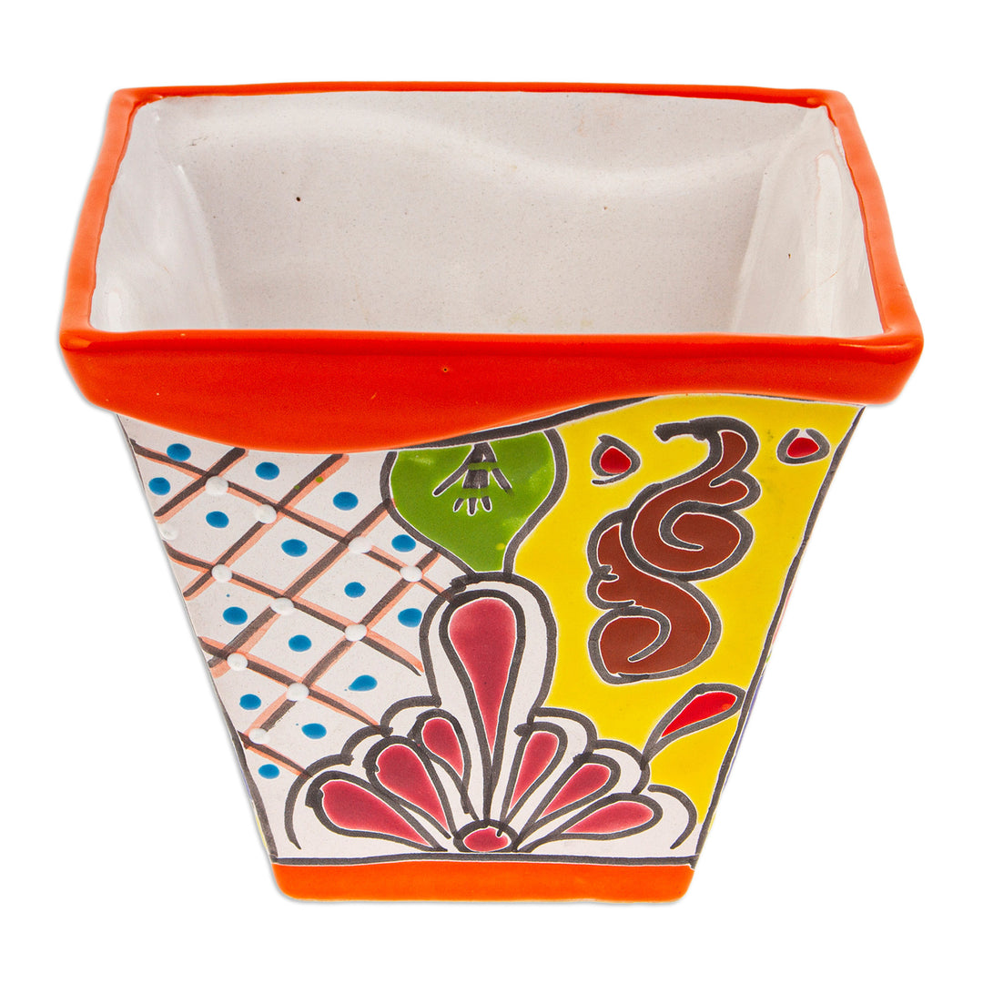 Talavera-Style Ceramic Flower Pot in Orange Made in Mexico - Thriving Orange