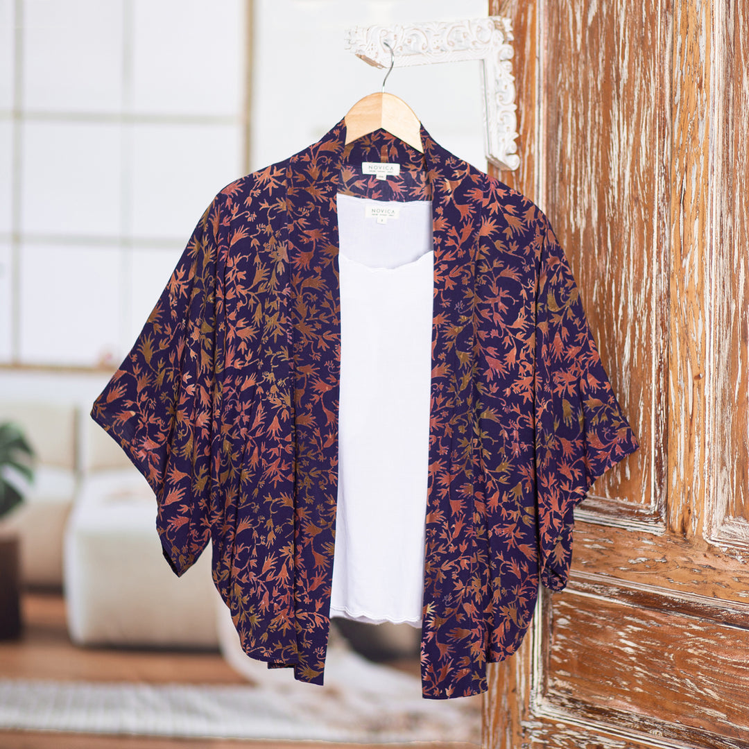 Batik Kimono Jacket in Blue Purple & Brown with Leaf Motifs - Kintamani
