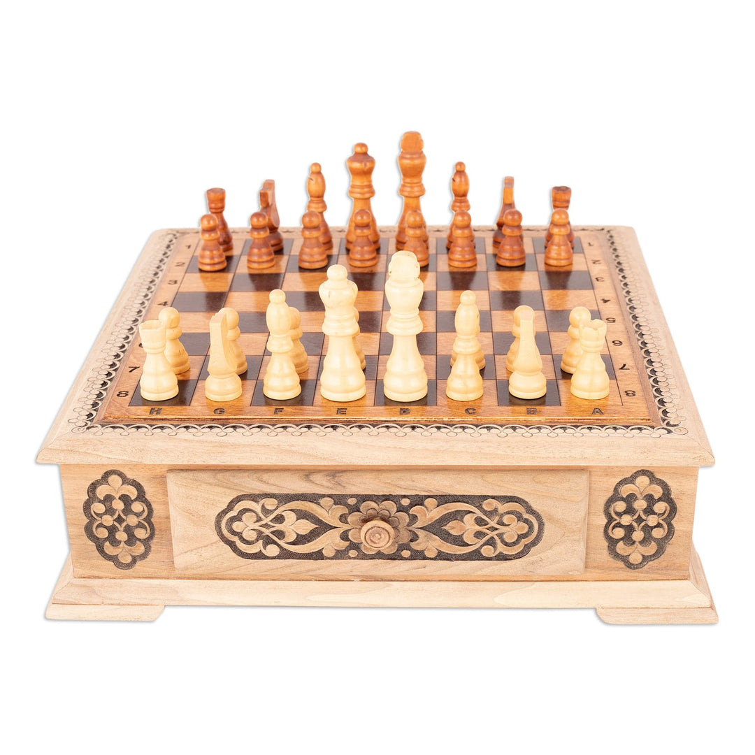 Handcrafted Traditional Wooden Chess Set from Uzbekistan - Classic Strategy