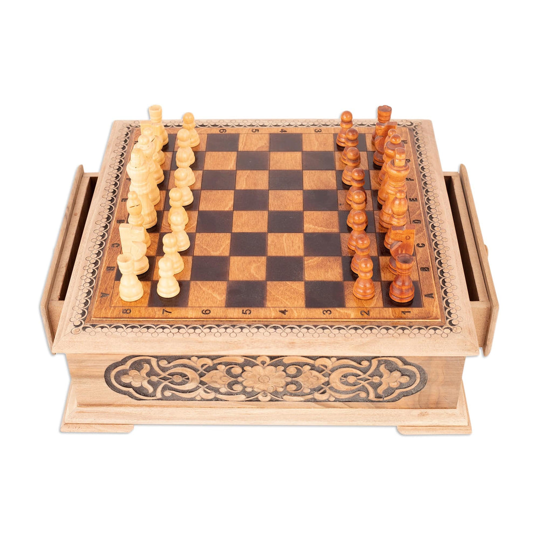 Handcrafted Traditional Wooden Chess Set from Uzbekistan - Classic Strategy