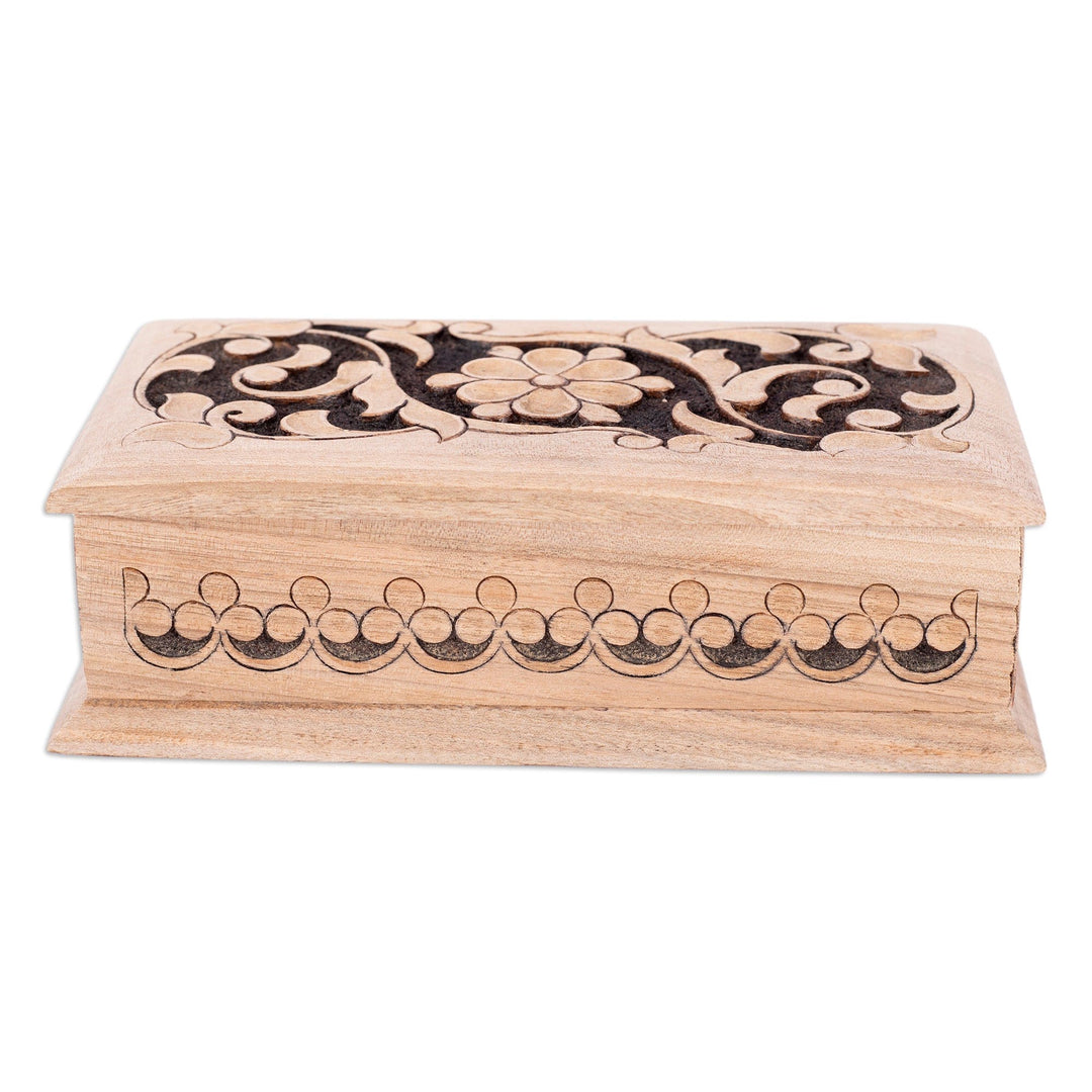 Traditional and Floral Polished Walnut Wood Jewelry Box - Garden Jewels