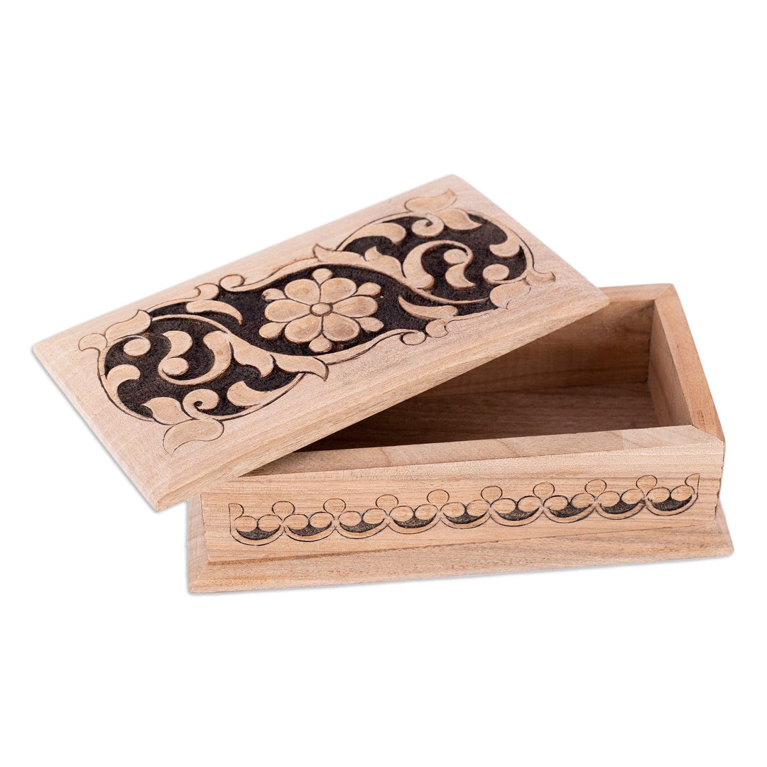 Traditional and Floral Polished Walnut Wood Jewelry Box - Garden Jewels