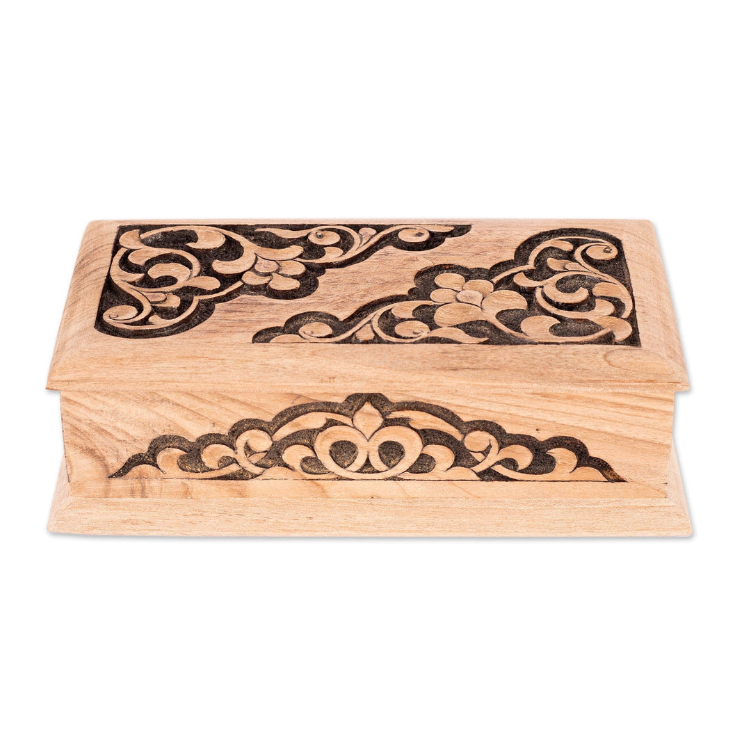 Hand-Carved Walnut Wood Jewelry Box with Vine Motifs - Uzbek Garden