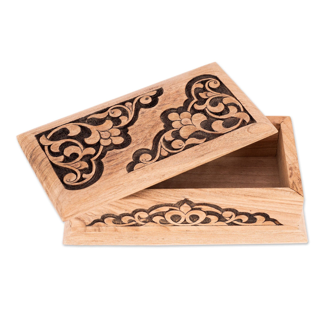Hand-Carved Walnut Wood Jewelry Box with Vine Motifs - Uzbek Garden