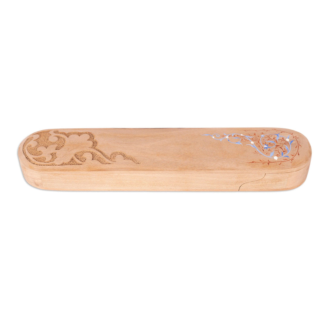 Wood Pencil Box Carved and Painted by Hand with Floral Motif - Bukhara Splendor