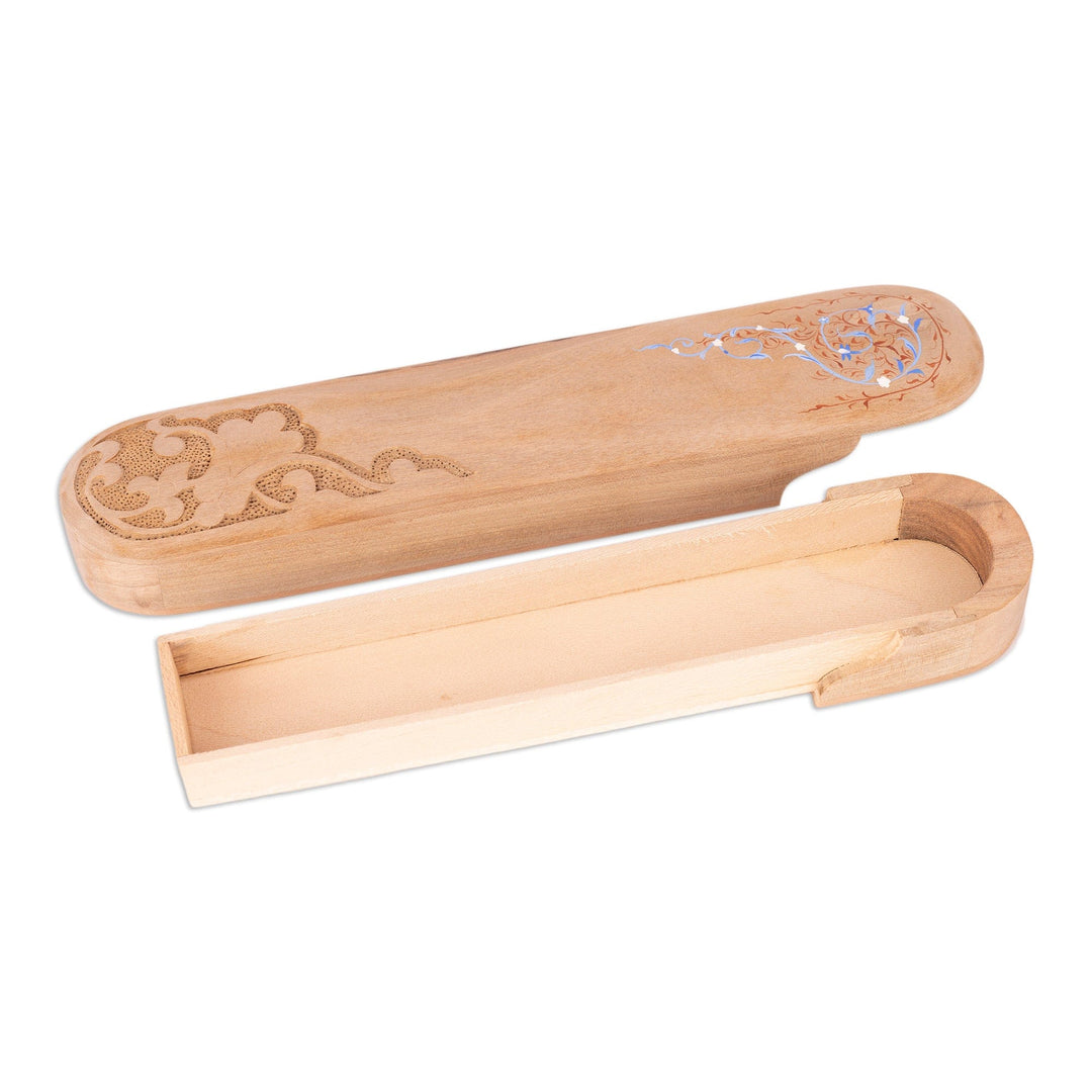 Wood Pencil Box Carved and Painted by Hand with Floral Motif - Bukhara Splendor