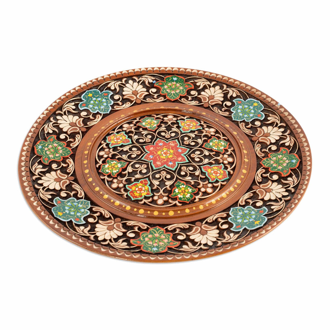 Hand-Carved Traditional Painted Floral Walnut Wood Wall Art - Memories of a Paradise