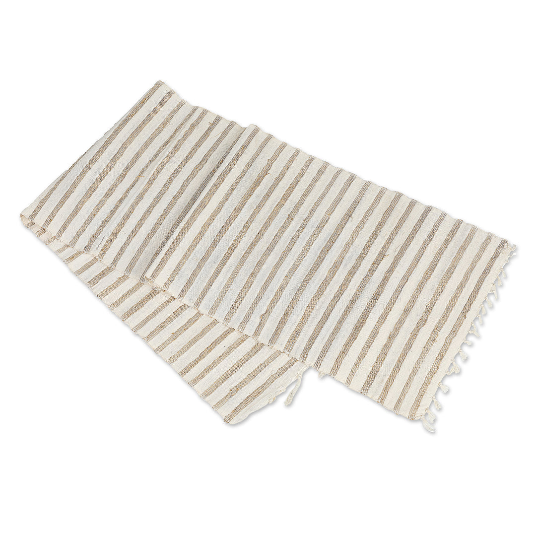 Handmade Striped Cotton Blend Table Runner in Ivory & Brown - Natural Bohemian