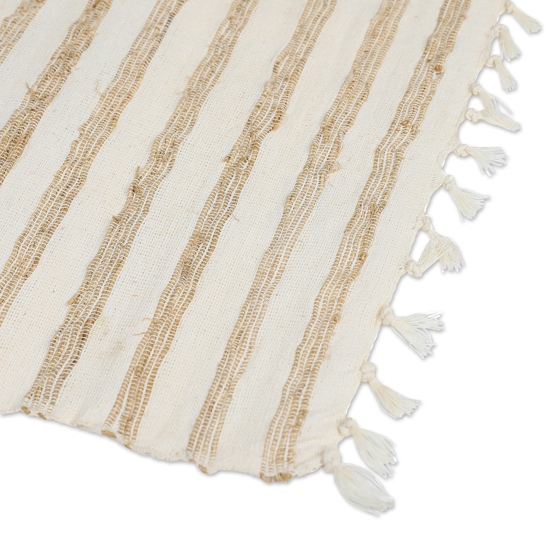 Handmade Striped Cotton Blend Table Runner in Ivory & Brown - Natural Bohemian