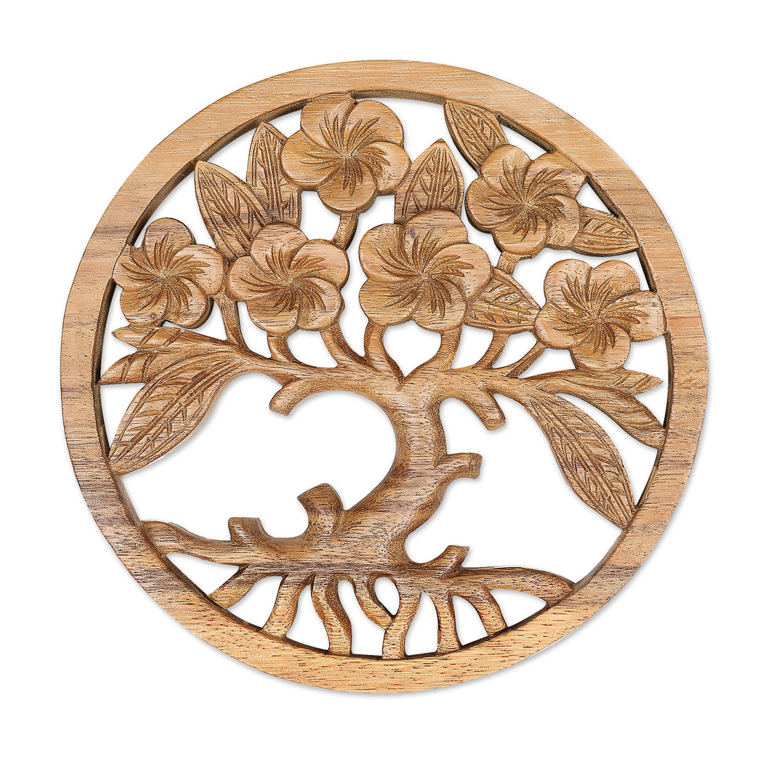 Hand-Carved Suar Wood Relief Panel of Tree and Flowers - Frangipani Spring