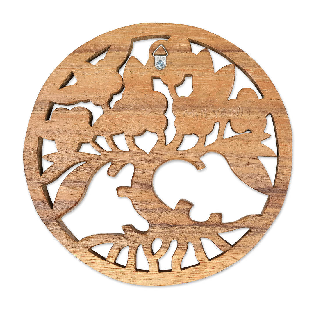 Hand-Carved Suar Wood Relief Panel of Tree and Flowers - Frangipani Spring