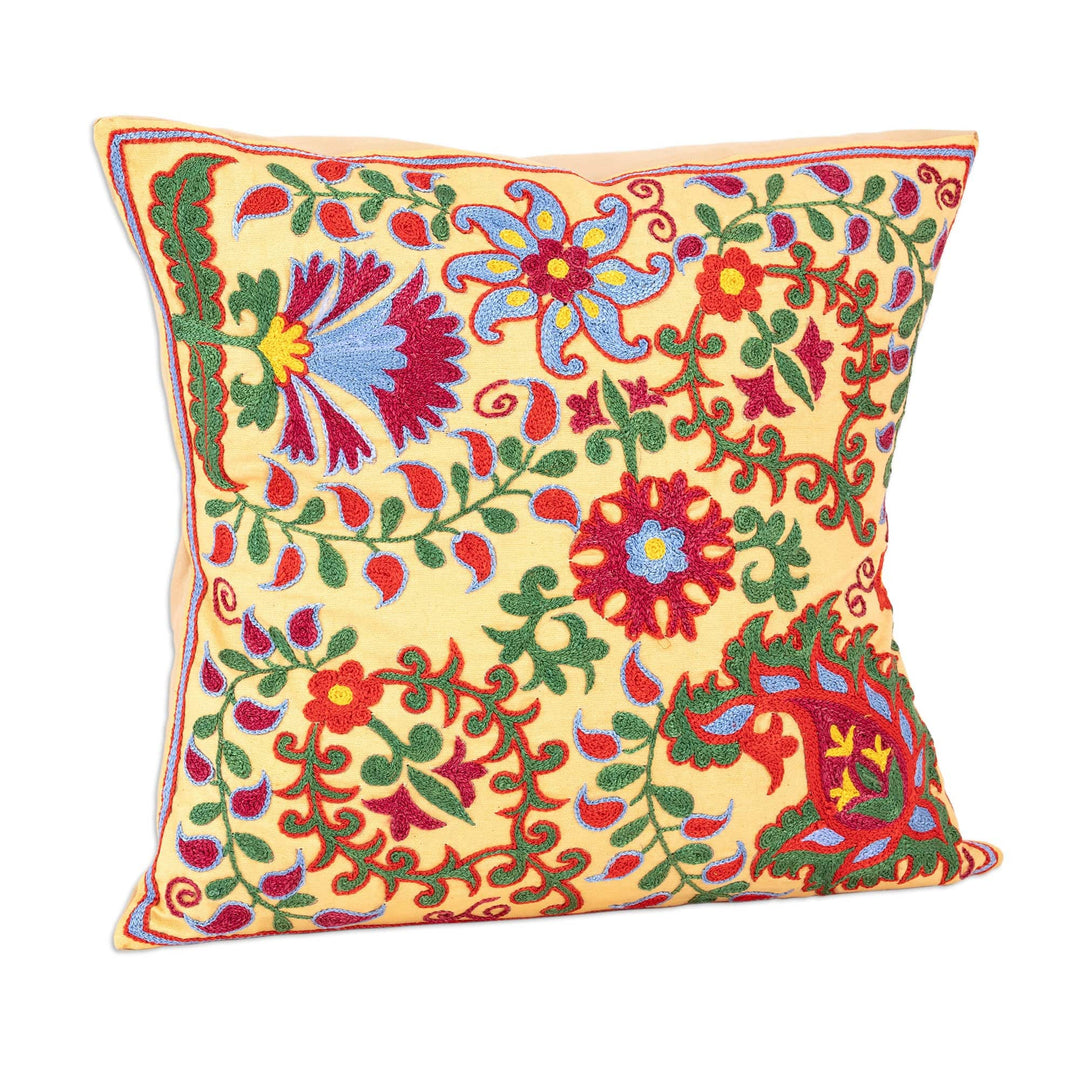 Traditional Suzani Floral Cotton Cushion Cover - Uzbekistan's Garden