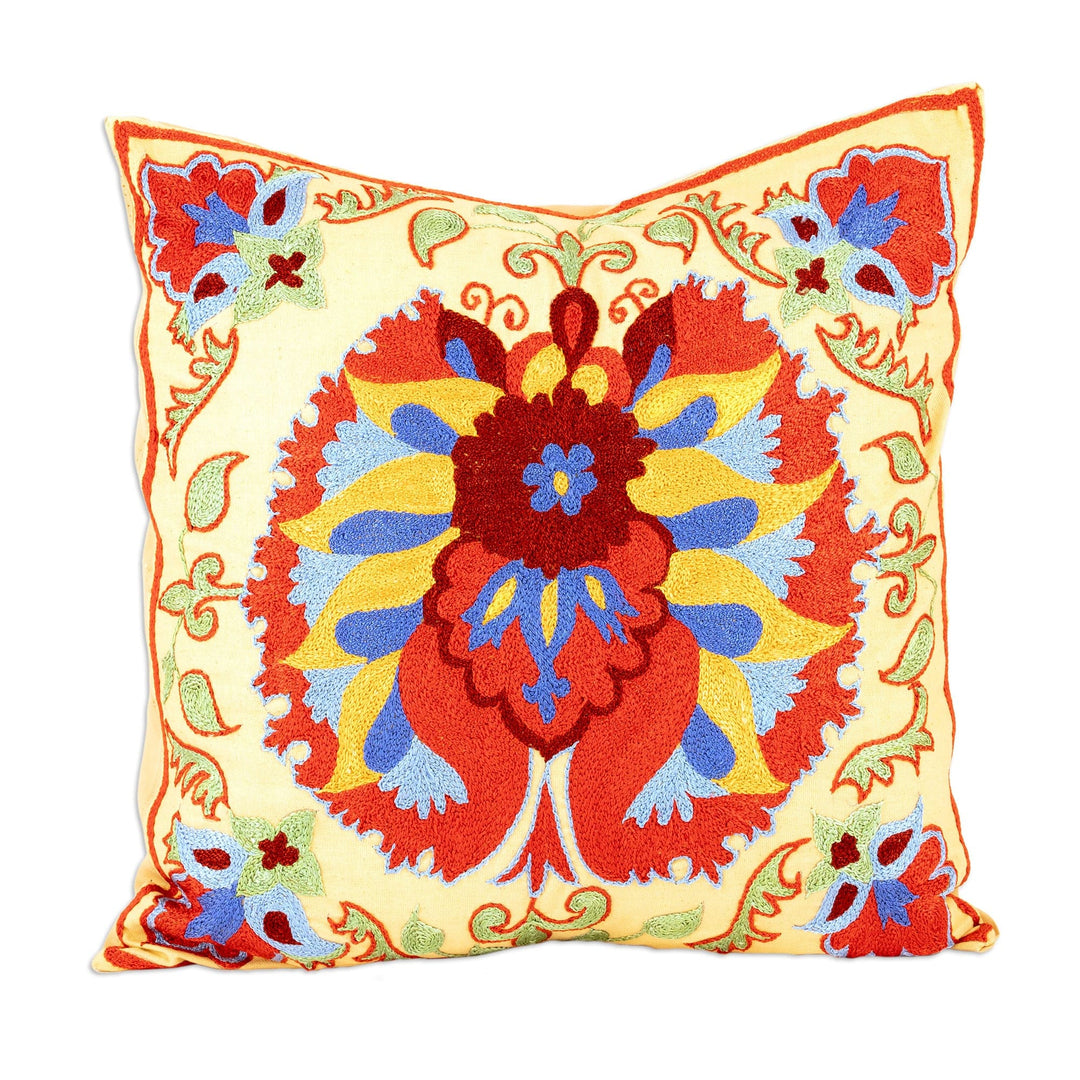 Floral and Leaf Embroidered Cotton and Viscose Cushion Cover - Samarkand Garden
