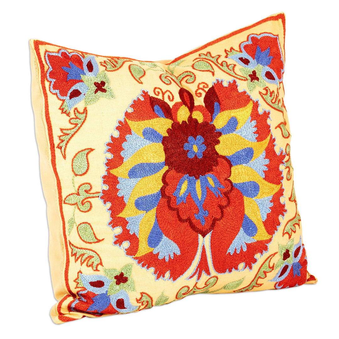Floral and Leaf Embroidered Cotton and Viscose Cushion Cover - Samarkand Garden