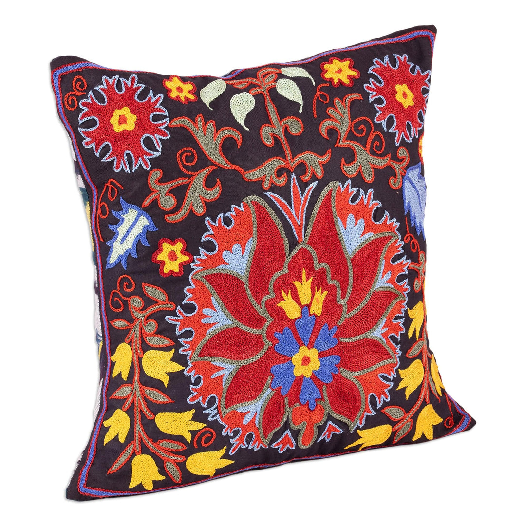Nature-Themed Embroidered Cotton Cushion Cover - Suzani Nights