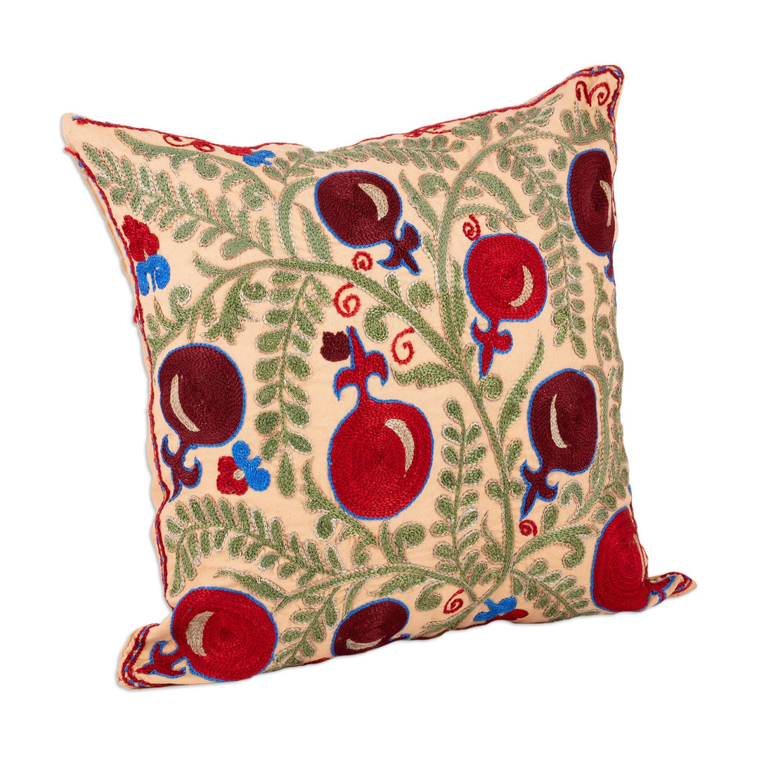 Fruit-Themed Embroidered Cotton and Viscose Cushion Cover - Pomegranate Forest