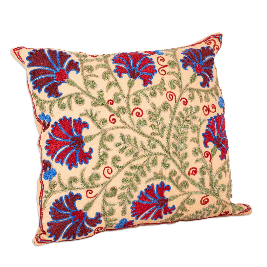 Leaf and Floral Embroidered Cotton and Viscose Cushion Cover - Bukhara Forest