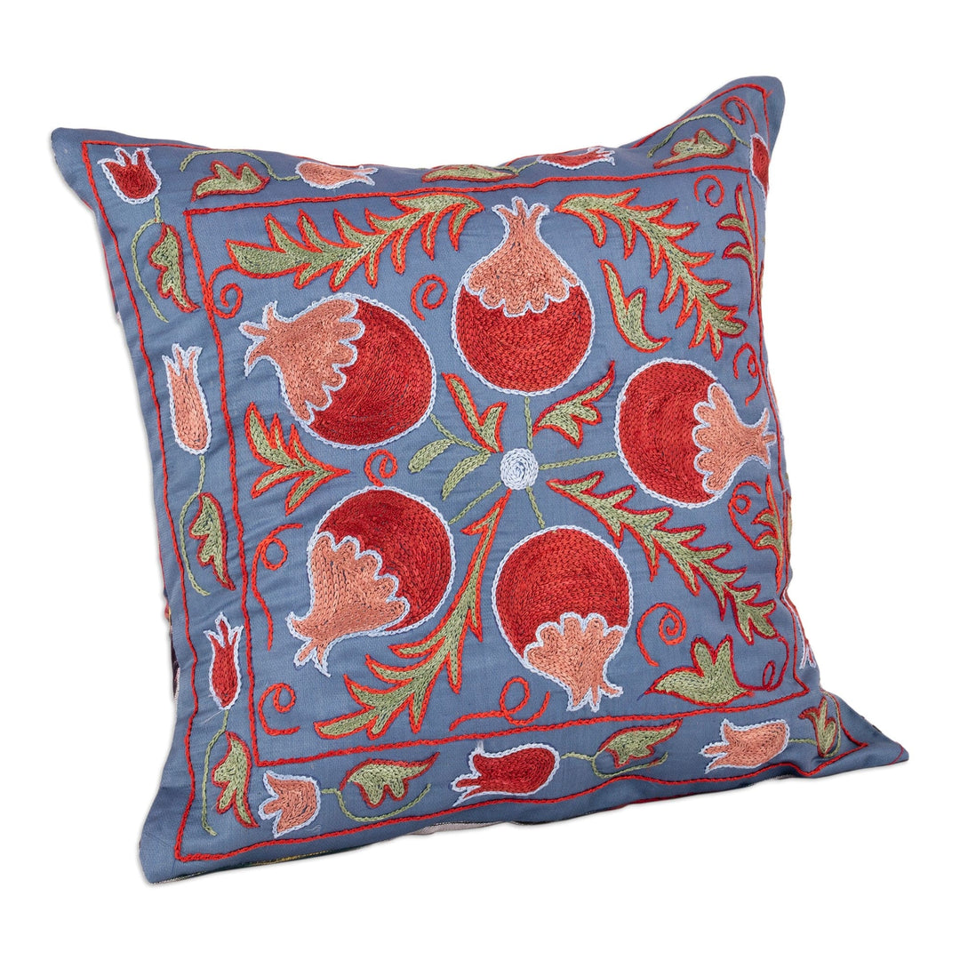 Pomegranate-Themed Blue Cotton and Viscose Cushion Cover - Pomegranate Dawn