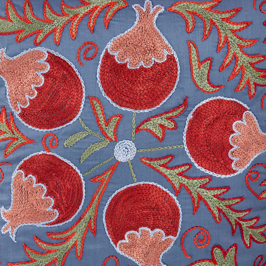Pomegranate-Themed Blue Cotton and Viscose Cushion Cover - Pomegranate Dawn