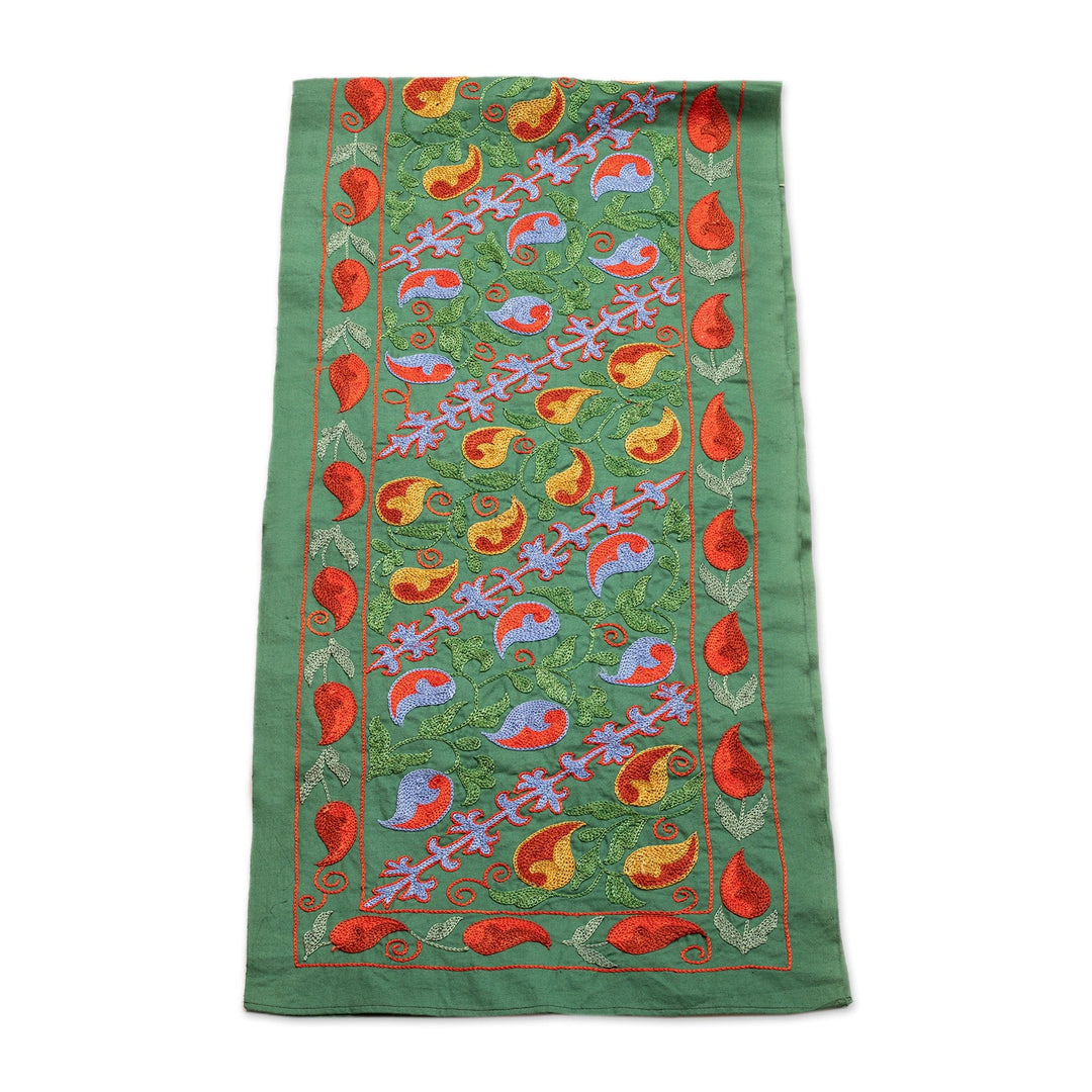Handmade Embroidered Green Cotton Table Runner - Almond Forest