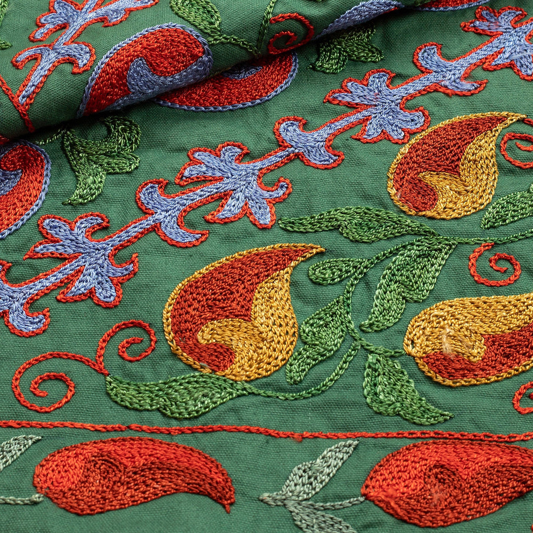 Handmade Embroidered Green Cotton Table Runner - Almond Forest
