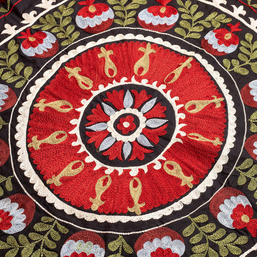 Embroidered Suzani Style Black Cotton Tablecloth - Abundance Nights