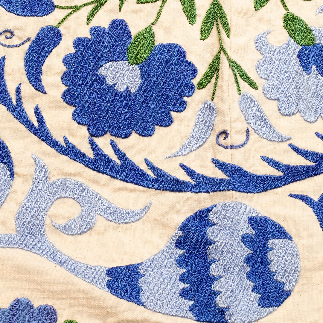 Handmade Embroidered Floral Blue Cotton and Silk Tablecloth - Uzbek Garden