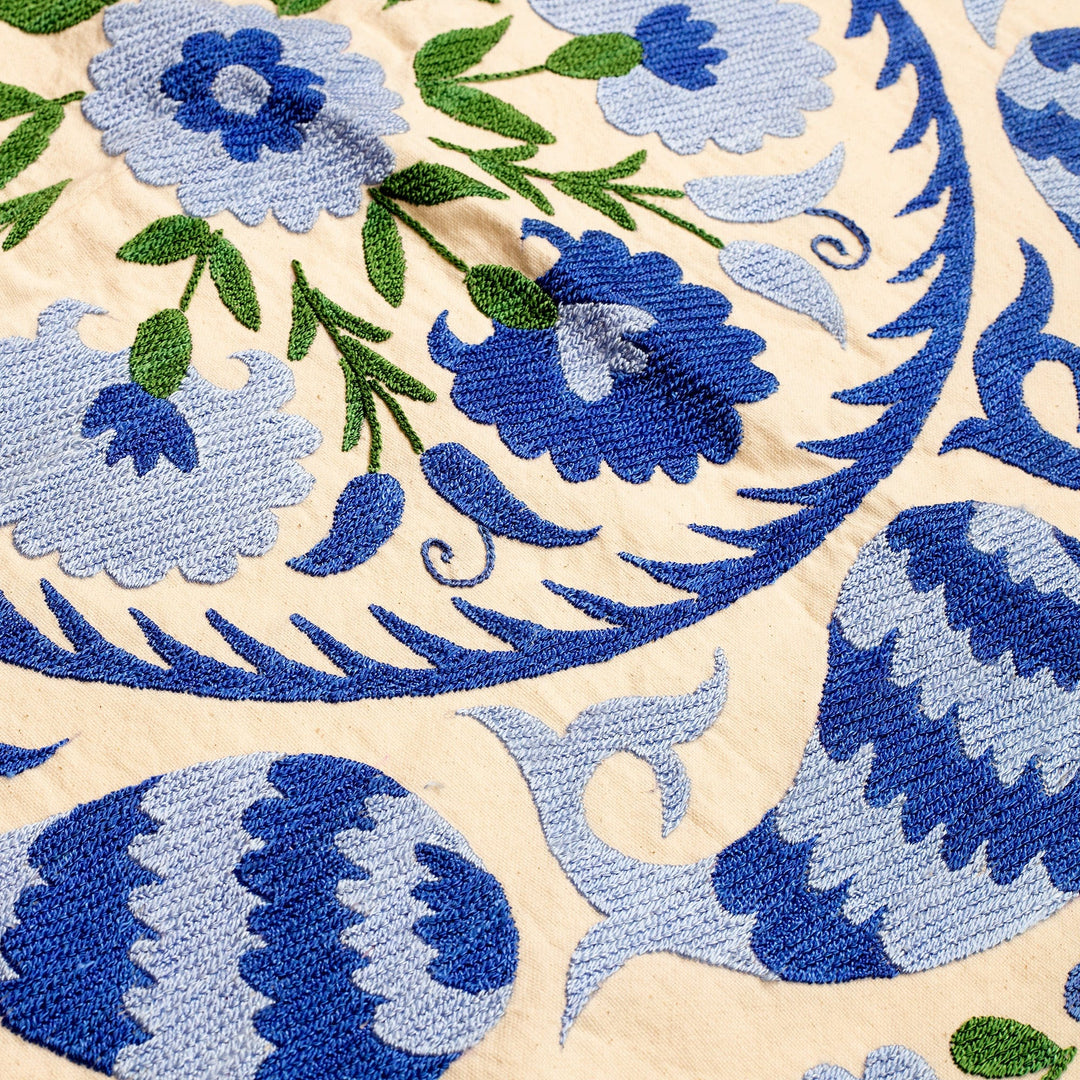 Handmade Embroidered Floral Blue Cotton and Silk Tablecloth - Uzbek Garden