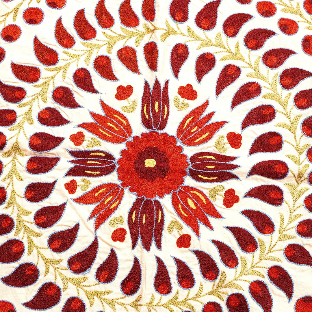 Handmade Embroidered Floral Red Cotton and Silk Tablecloth - Eternal Glory