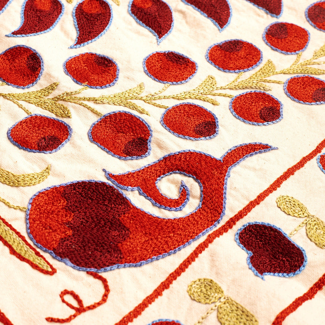 Handmade Embroidered Floral Red Cotton and Silk Tablecloth - Eternal Glory