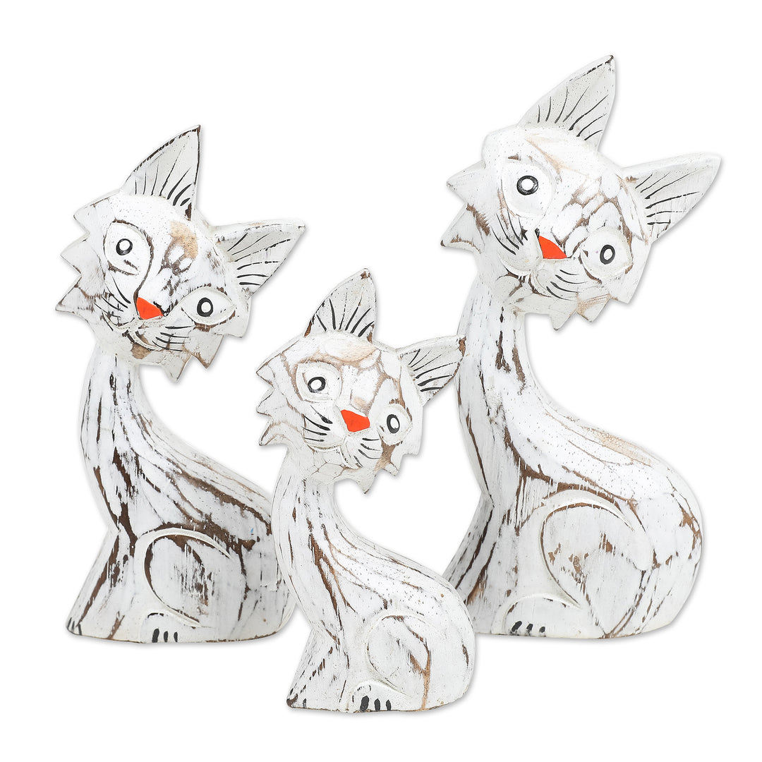 Set of 3 Handmade White and Red Albesia Wood Cat Statuettes - Feline Noses