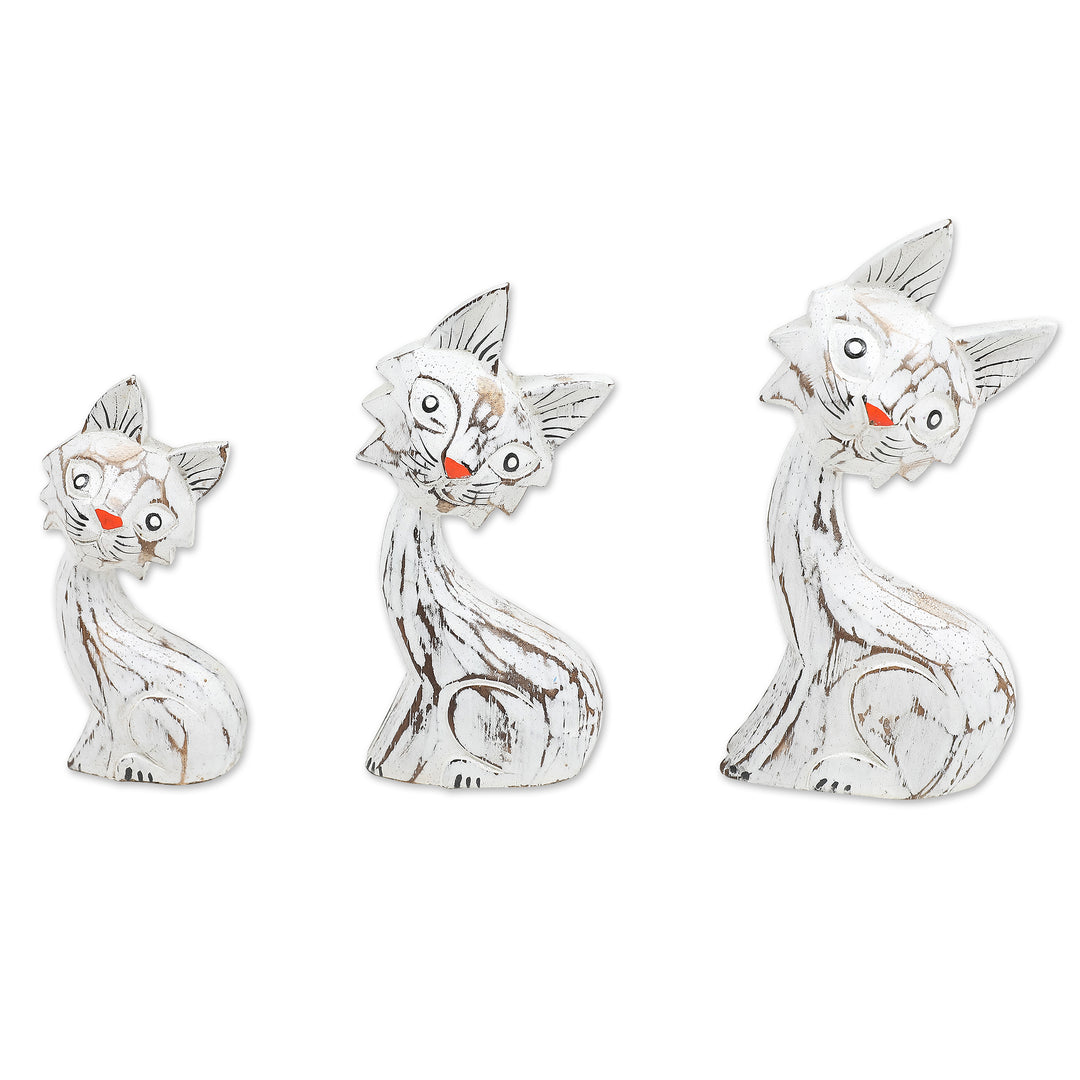 Set of 3 Handmade White and Red Albesia Wood Cat Statuettes - Feline Noses