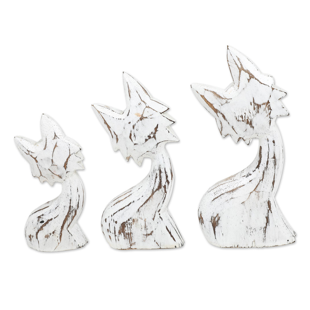 Set of 3 Handmade White and Red Albesia Wood Cat Statuettes - Feline Noses