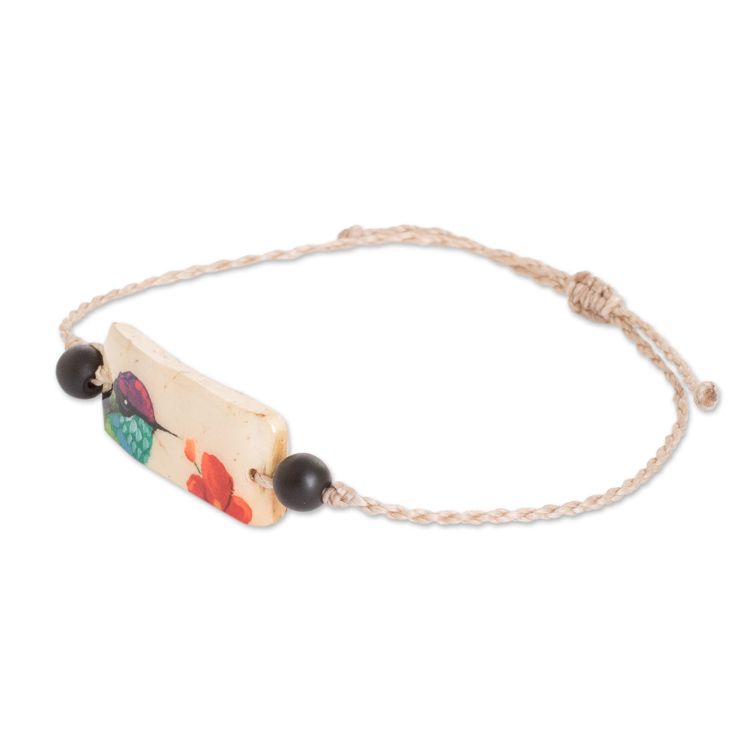 Coconut Shell Macrame Pendant Bracelet with Onyx Beads - Colors of Spring