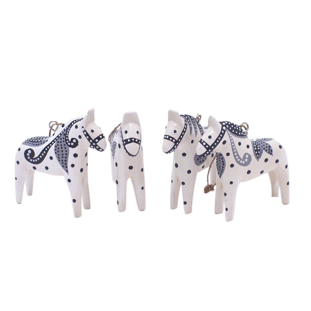 4 Wood White Dala Horse Ornaments Carved & Painted by Hand - Dala Courage