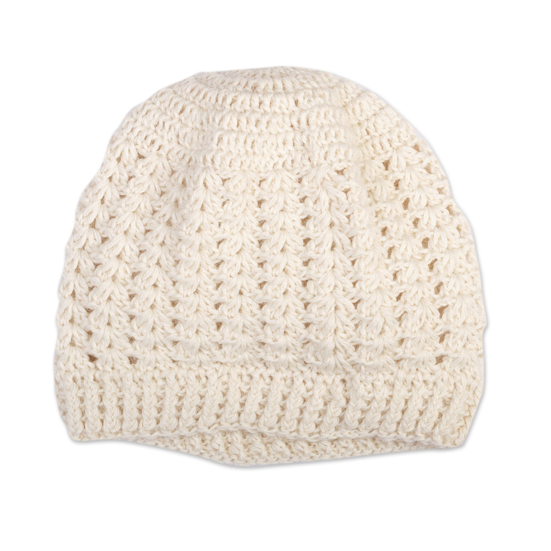 Milk White 100% Alpaca Knit Hat Handcrafted in Peru - Winter Caresses