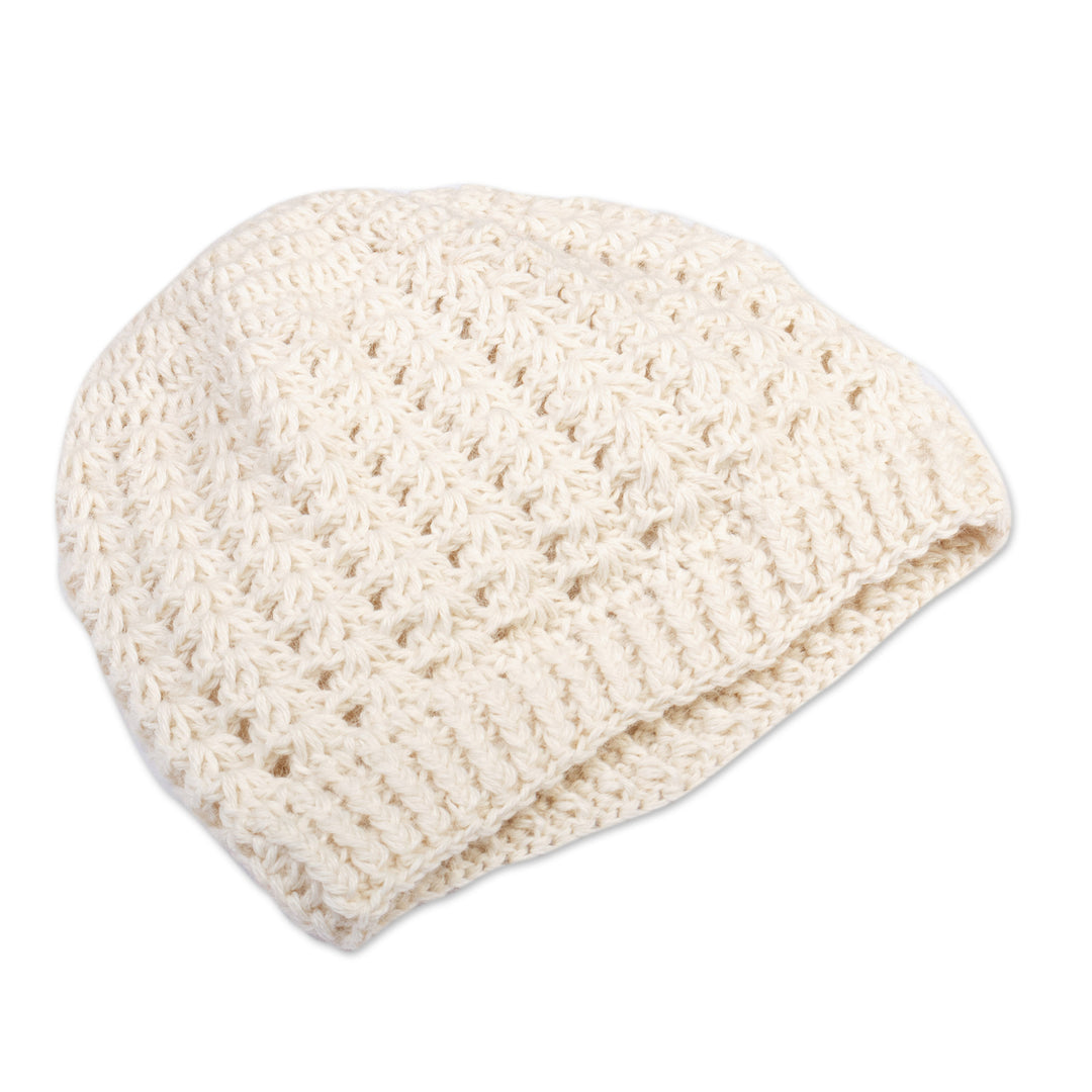 Milk White 100% Alpaca Knit Hat Handcrafted in Peru - Winter Caresses