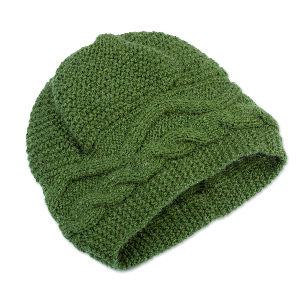 Emerald Alpaca Blend Knit Hat with Cable Stitch Stripe - Emerald Moments