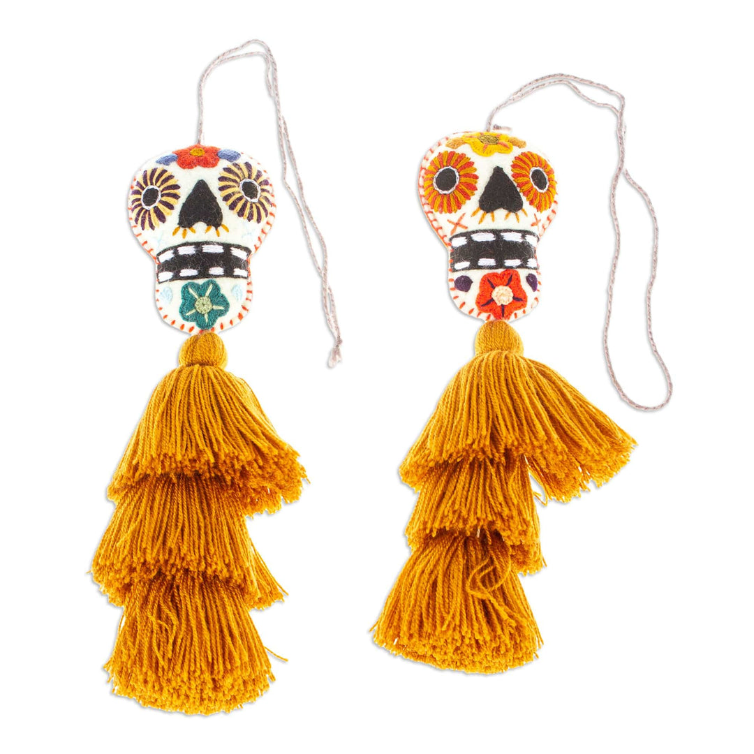 Day of the Dead Caramel Felt Ornaments with Skulls (Pair) - Caramel Underworld