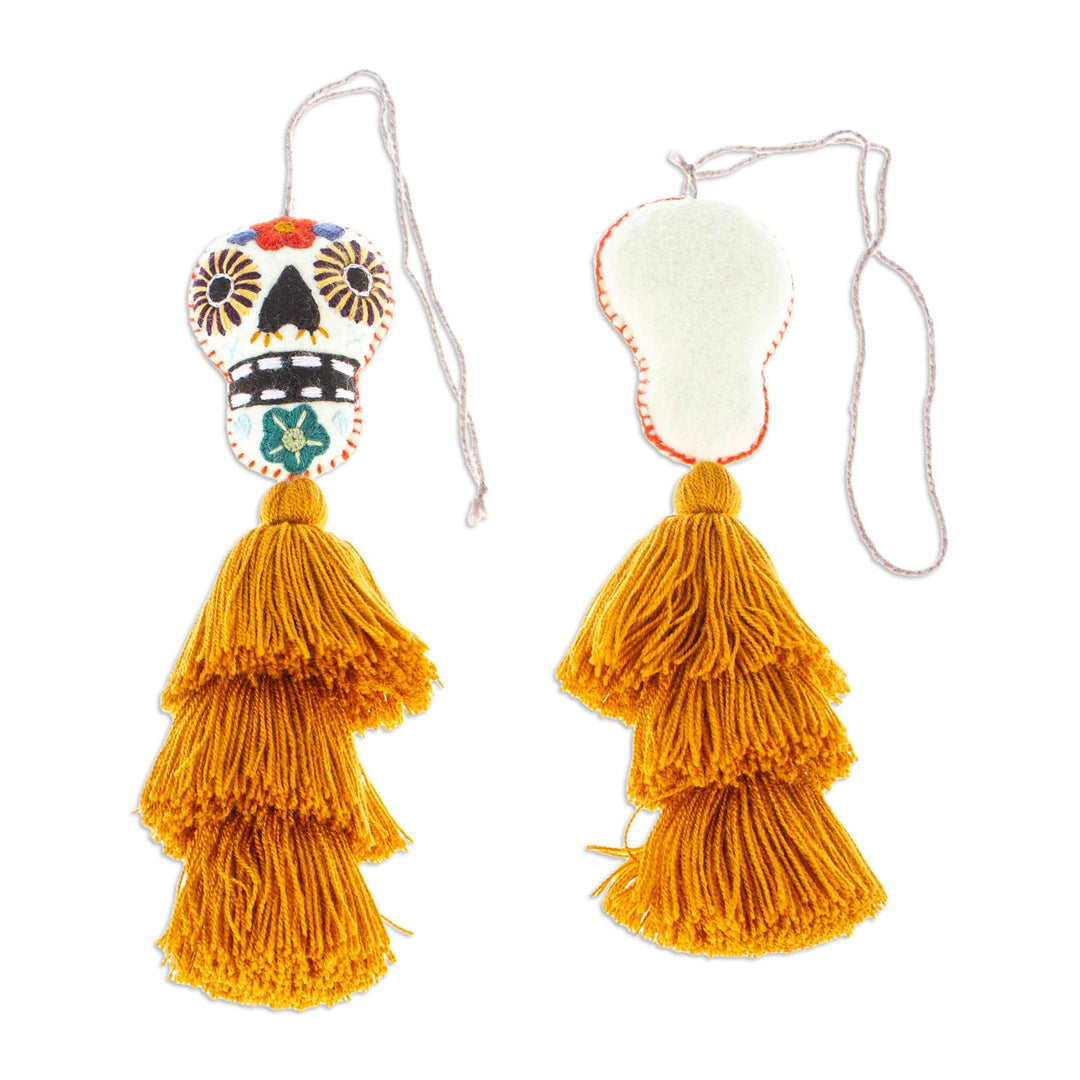 Day of the Dead Caramel Felt Ornaments with Skulls (Pair) - Caramel Underworld