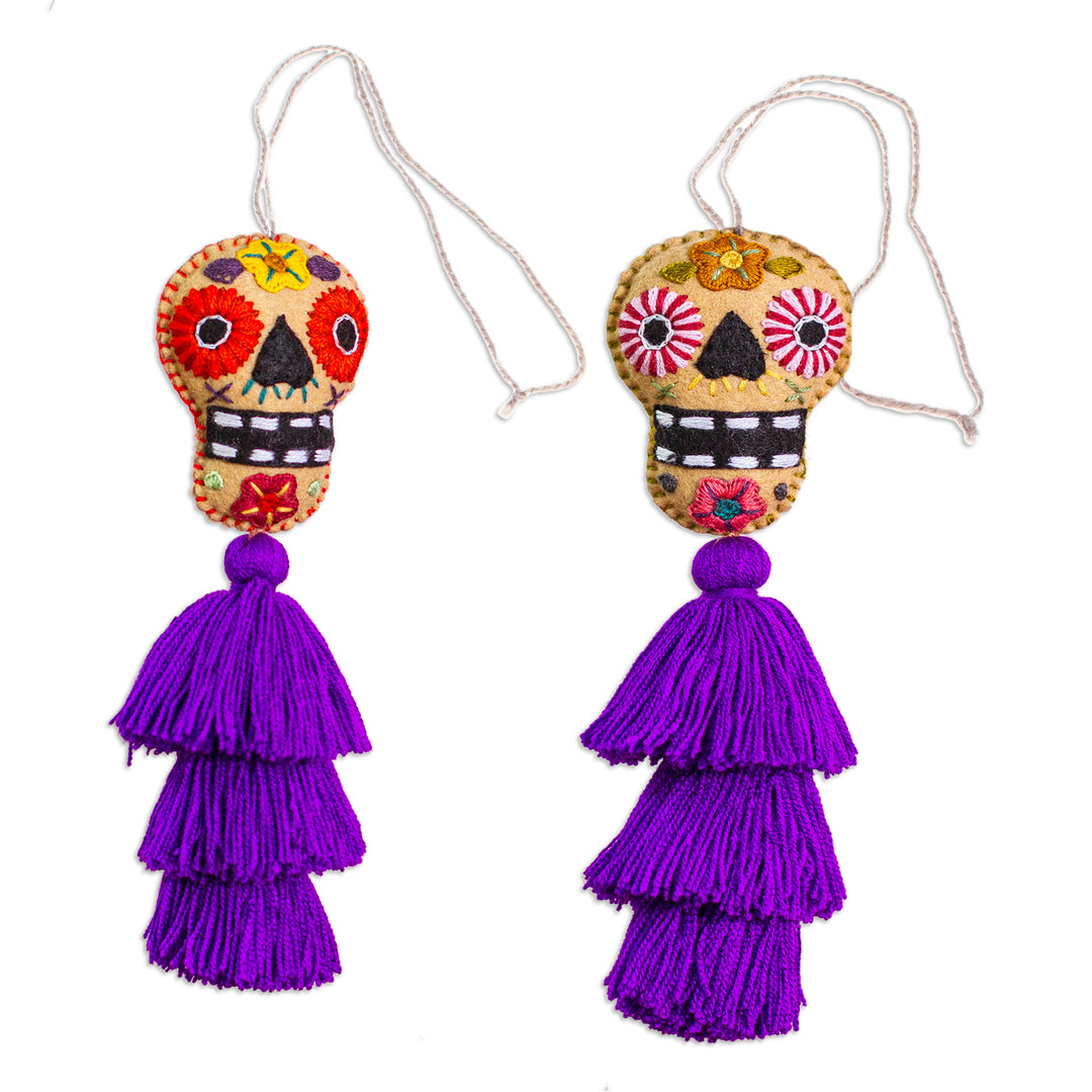 Day of the Dead Purple Felt Ornaments with Skulls (Pair) - Imperial Underworld