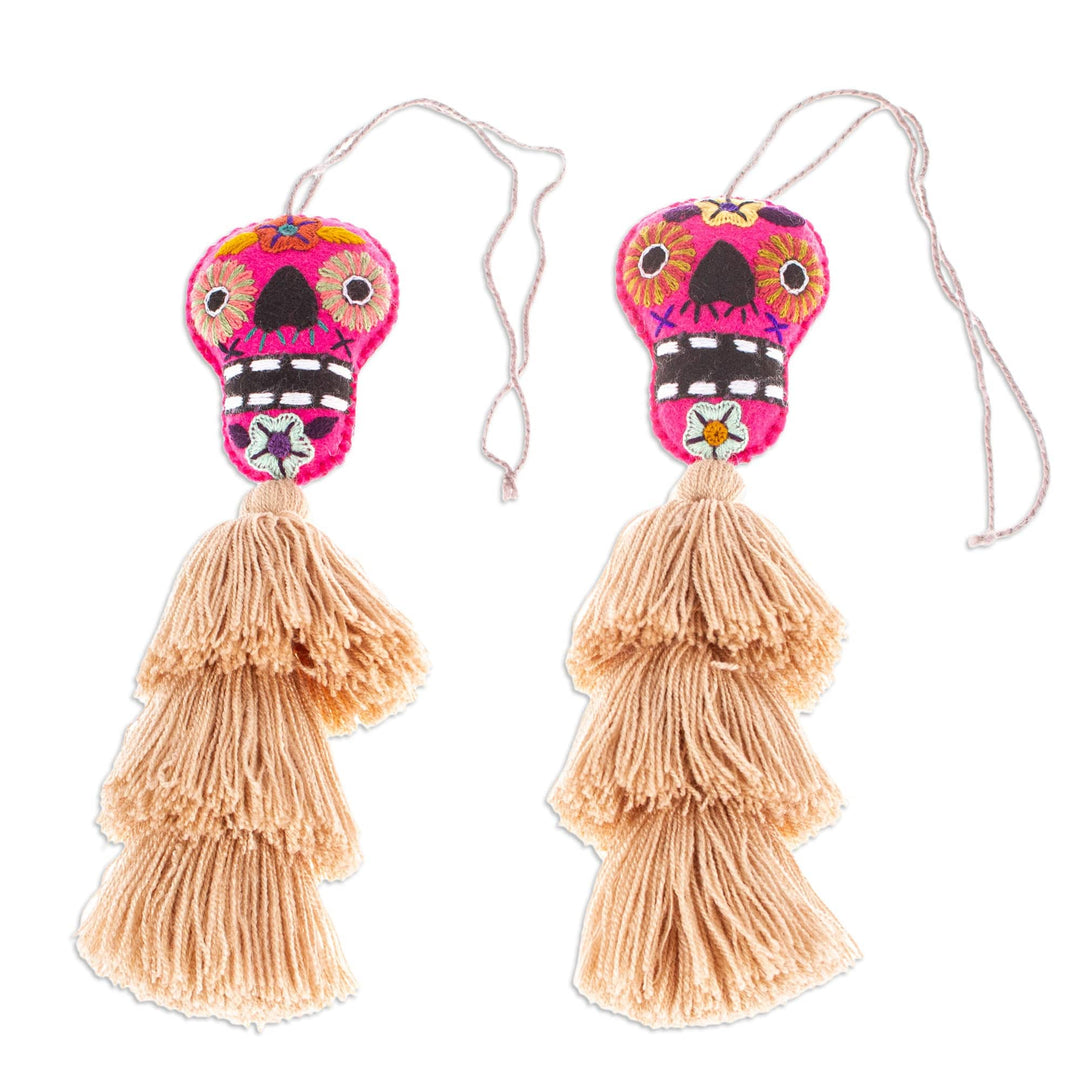 Day of the Dead Almond Felt Ornaments with Skulls (Pair) - Almond Underworld