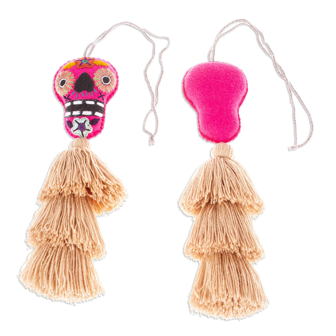 Day of the Dead Almond Felt Ornaments with Skulls (Pair) - Almond Underworld